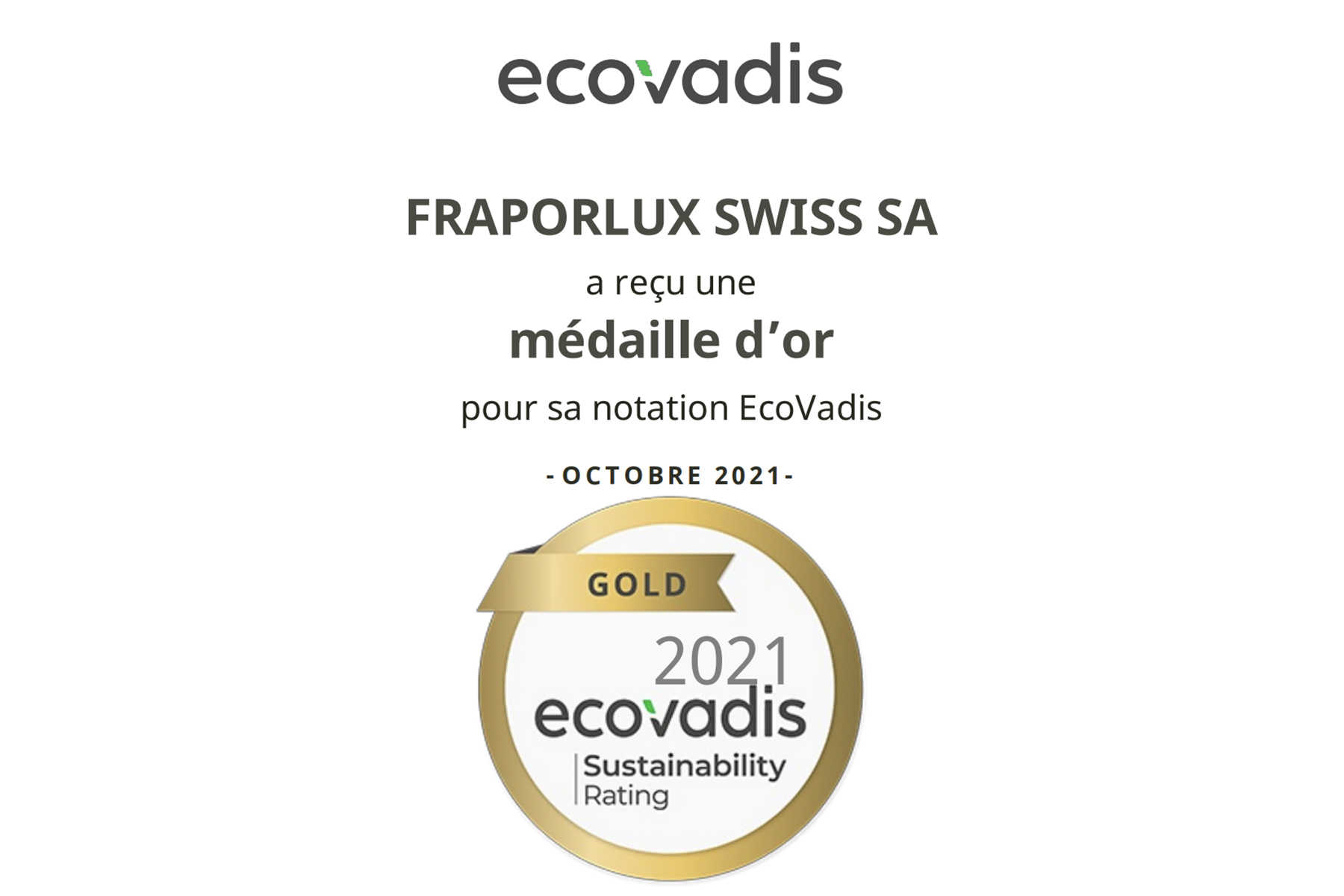 Ecovadis - Médaille d'Or